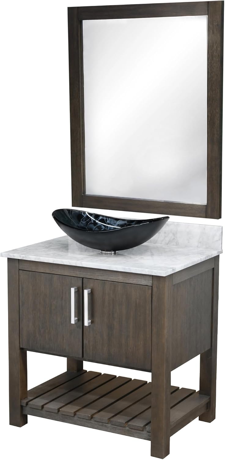 Miseno MV-30CM-NOBV-CAR-0128031-MIR 30" Free Standing Single Basin Vanity Set with Cabinet, Marble Vanity Top, Oval Glass Vessel Sink and Mirror - Cafe Mocha/Carrara White Top/Chrome Hardware