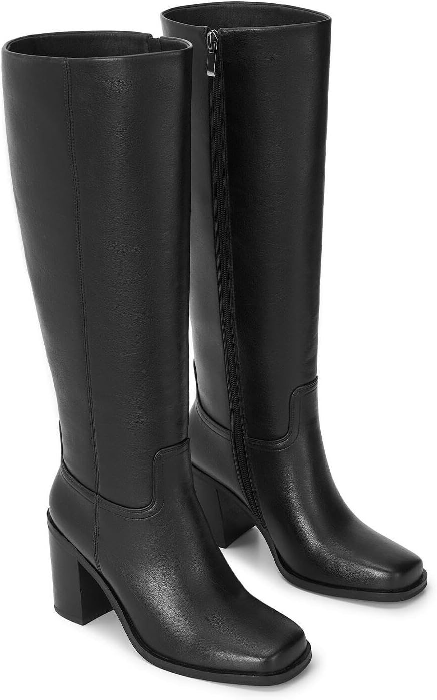 knee high boots women – slightly wider calf faux leather tall dress boots with square toe, 3.4" block heel & side zipper – classic comfortable fashion fall winter boots 10 black