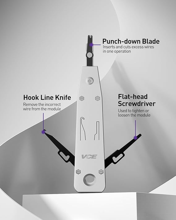 VCE G602 Punch Down Tool, Ethernet Krone Tool for RJ45 Socket Cat5/Cat6/Cat7 & Telephone Cable, Impact IDC Data Punchdown Tool with Wire Stripper Combo