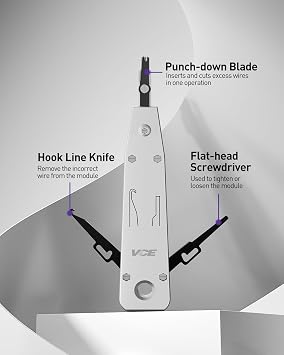VCE G602 Punch Down Tool, Ethernet Krone Tool for RJ45 Socket Cat5/Cat6/Cat7 & Telephone Cable, Impact IDC Data Punchdown Tool with Wire Stripper Combo
