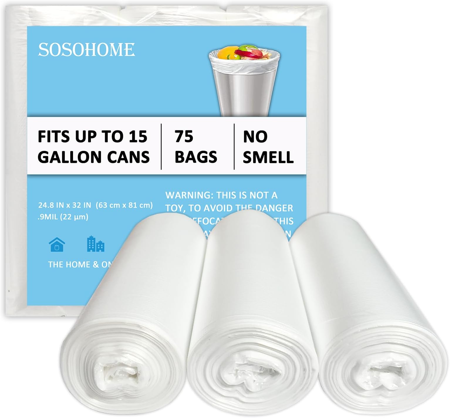 15 Gallon Trash Bags - 22 Micron Strong Tall Kitchen Office Garbage Bags, Fit Up 15 Gallon, 75 Count