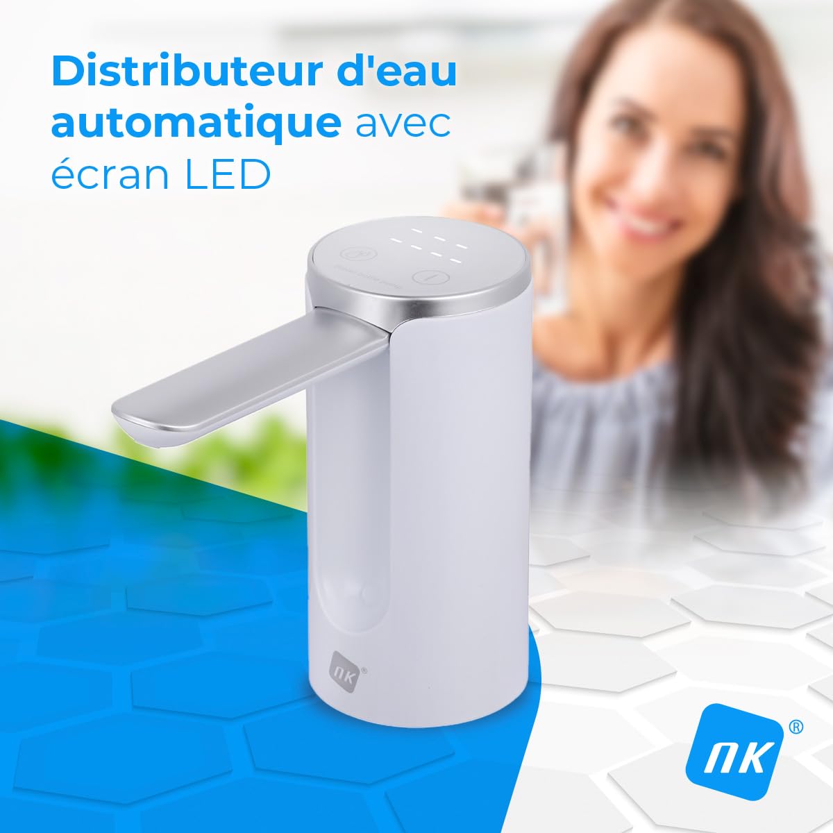 NK Distributeur d'eau avec affichage LED - Automatique, 4 volumes de distribution 200/600/800ml/continu, 1200mAh, commande tactile, bouteilles et carafes de 1,5, 10L, 11,3L, 15L, 18,9L - Couleur Blanc