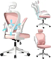Cadeira de Escritório Ergonômica, Equipado com Suporte Lombar Ajustável, Tela Respirável e Apoio de Cabeça Ajustável, Ideal para Longos Períodos de Trabalho Sentado (Branco e Rosa)