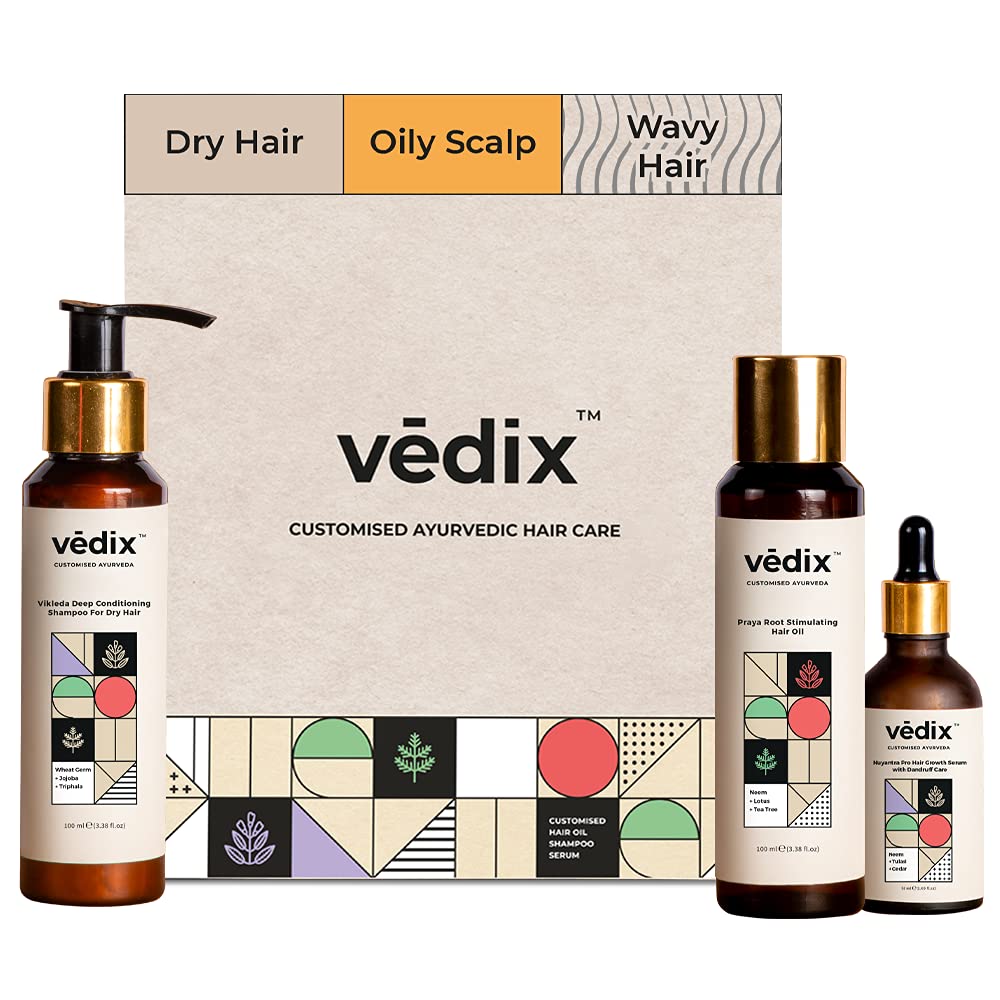 Vedix Customized Hair Fall Control & Dandruff Care Regimen Wavy Hair - Oily Scalp - 3 Product Kit - Anti Hair Fall Oil Neem + Lotus - Anti-Hairfall Shampoo For Dry Hair- Nuyantra Pro Hair Growth Serum