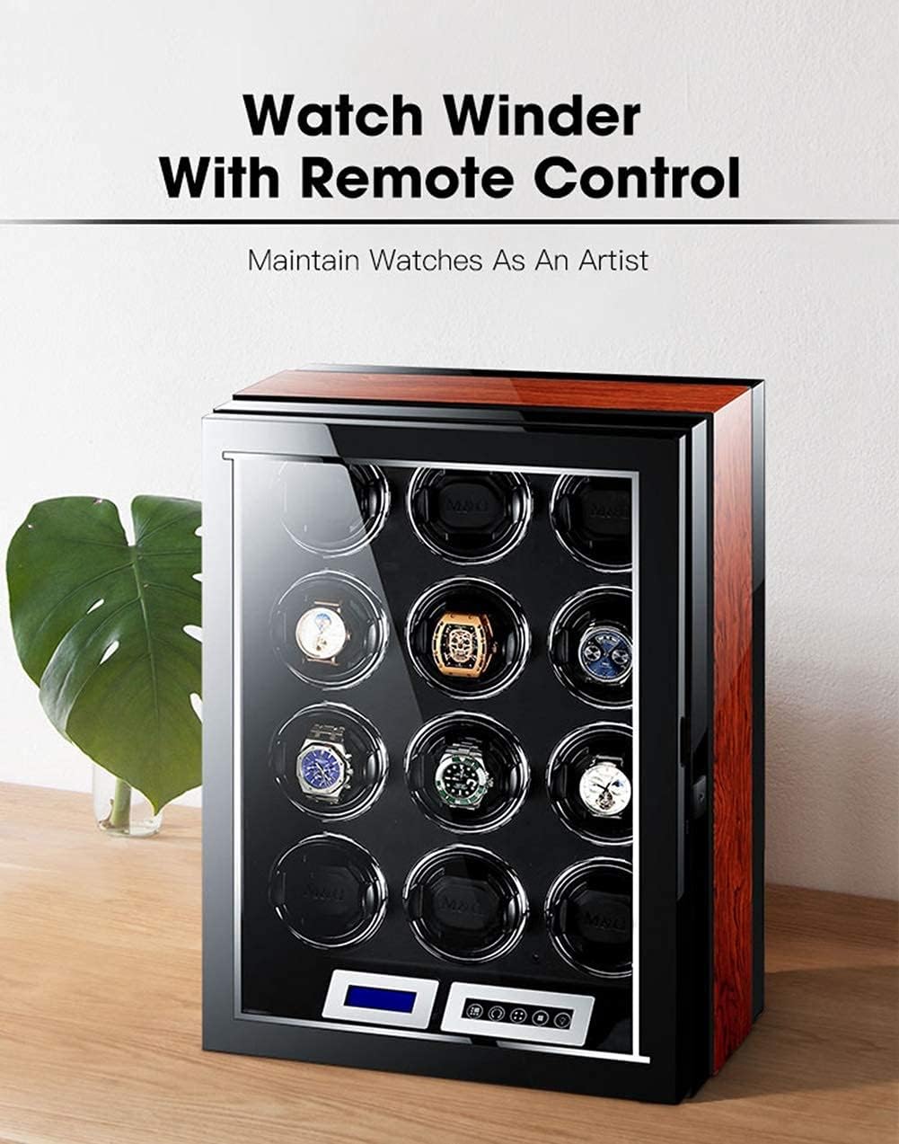 Watch Automatic Watch Winder for 12 Watches Adjustable Watch Pillows for Universal Watch Built-in Blue LED Illumination and LCD Touch Screen Ultra-Silence