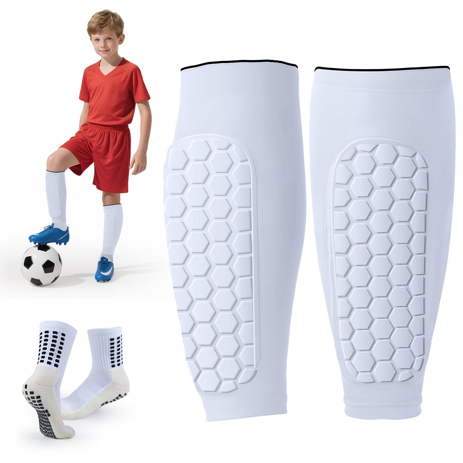 Schienbeinschoner Kinder Fussball,Großflächige Passform am Schienbeinschoner, atmungsaktiv und leicht. Mit Silikon-Fußballstrümpfen zur Vermeidung von Rutschgefahr