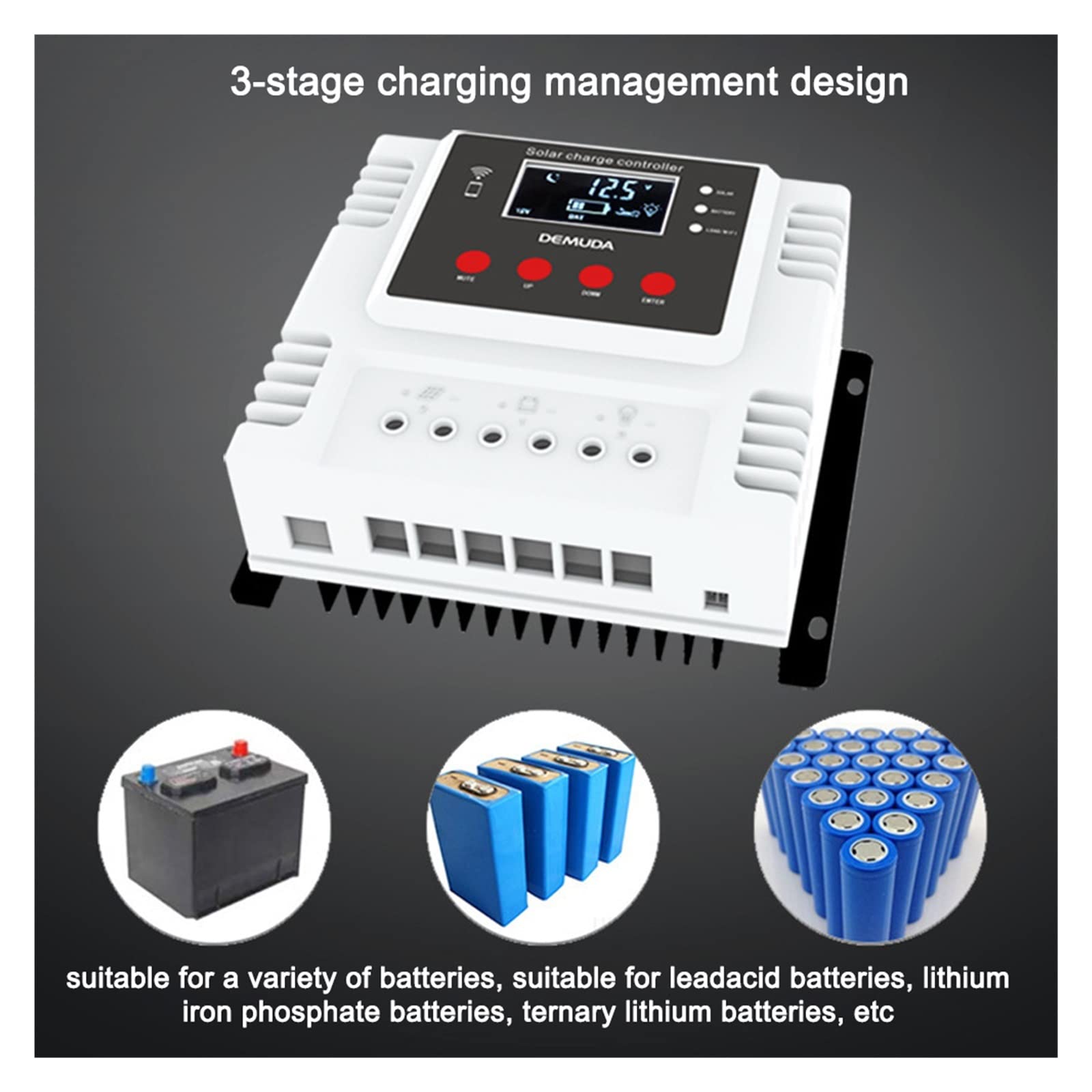 Controlador de carga solar Controlador de carga solar MPPT Control de aplicación de teléfono móvil 20/30/40/50/60A Controladores de 12V / 24V Pantalla LED de monitoreo de datos en tiempo real Controla