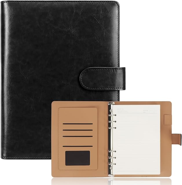 A5 Ring Binder Notebook, 6 Ring Leather A5 Binder with A5 Refill Papers Travel Binder Journal Personal Planner Notebook with Ring Binder Black