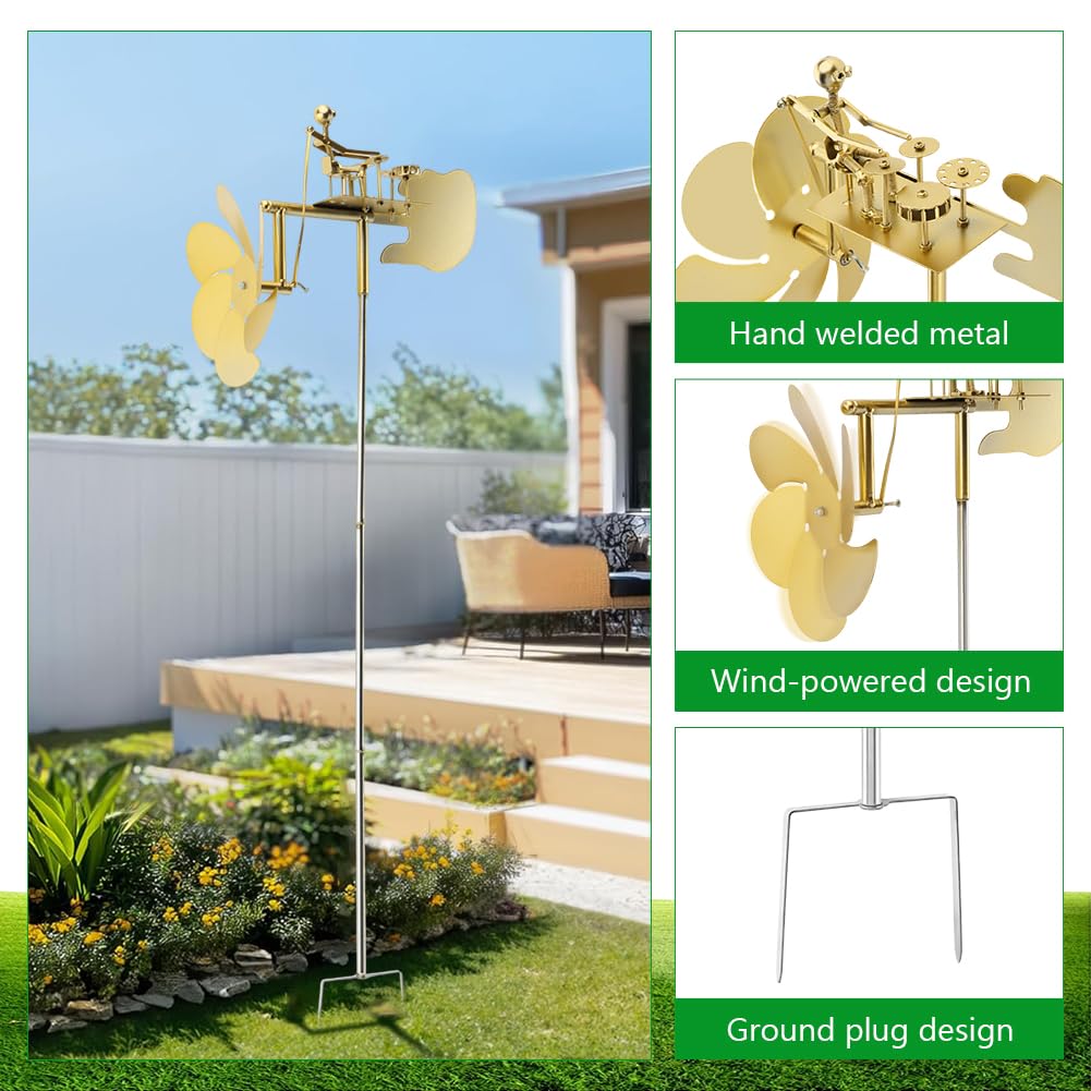 Handmade Metal Drummer Windmill, Rock Art Sculptures, Wind Mill for Yard and Garden, Drummers Windmill Garden Decoration,Wind Spinners for Yard Lawn Gardens Patio Drummers Decor - Image 4