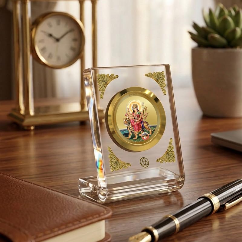 Image of DIVINITI 24K Gold Plated Goddess Durga with Pind Acrylic Frame for Car Dashboard, Home Temple & Office Table | Premium Spiritual Gift, Blessings for Protection & Positivity, 8x7 cm