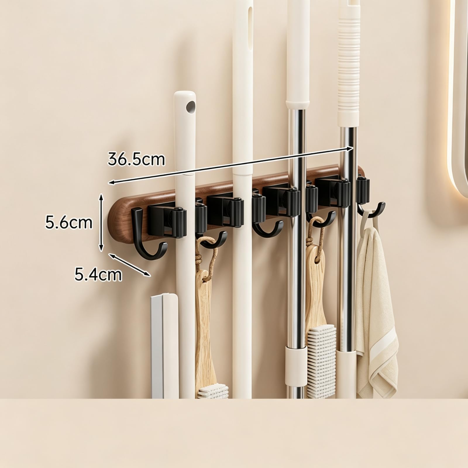 Supporto da parete per scopa e mocio, con ganci, in legno di noce. (5hook)