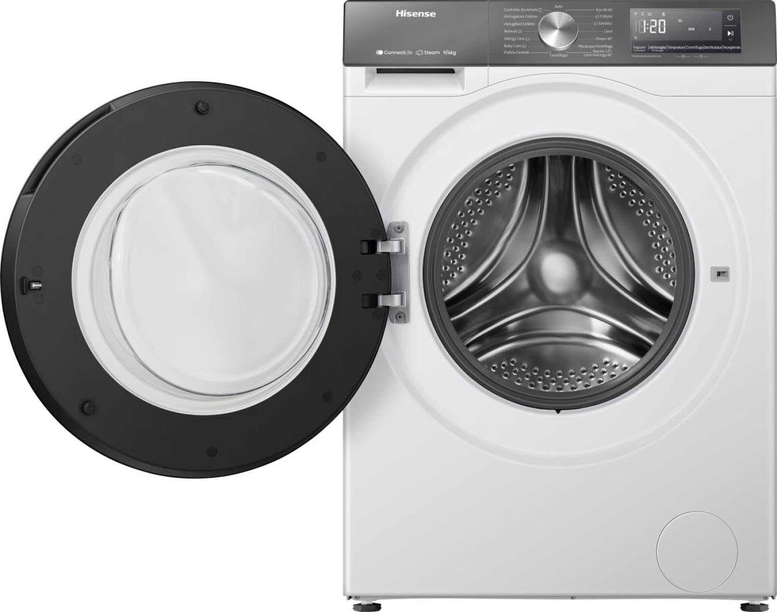Hisense WD3S9043BW7 - Lavadora secadora (9 + 6 kg, 1400 Rpm, 15 programas automáticos, vapor, motor inverter, clase energética A-30%/D, pantalla LED, gris, WiFi