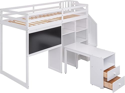 Miniatura 6 de MOEO Cama loft de tamaño individual con escritorio extraíble y estantes de almacenamiento y pizarra marco de cama de madera con escalera para niños