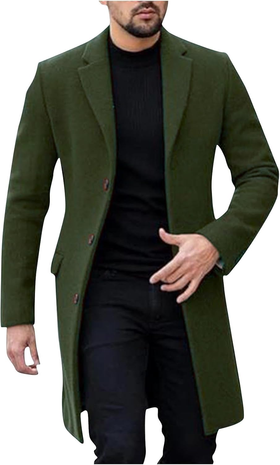 Sinzelimin Men's Windbreaker Jacket Fall Winter Fashion Mid-Length Wool Trench Coat Button Shawl Collar Blazer Outwear Jacket