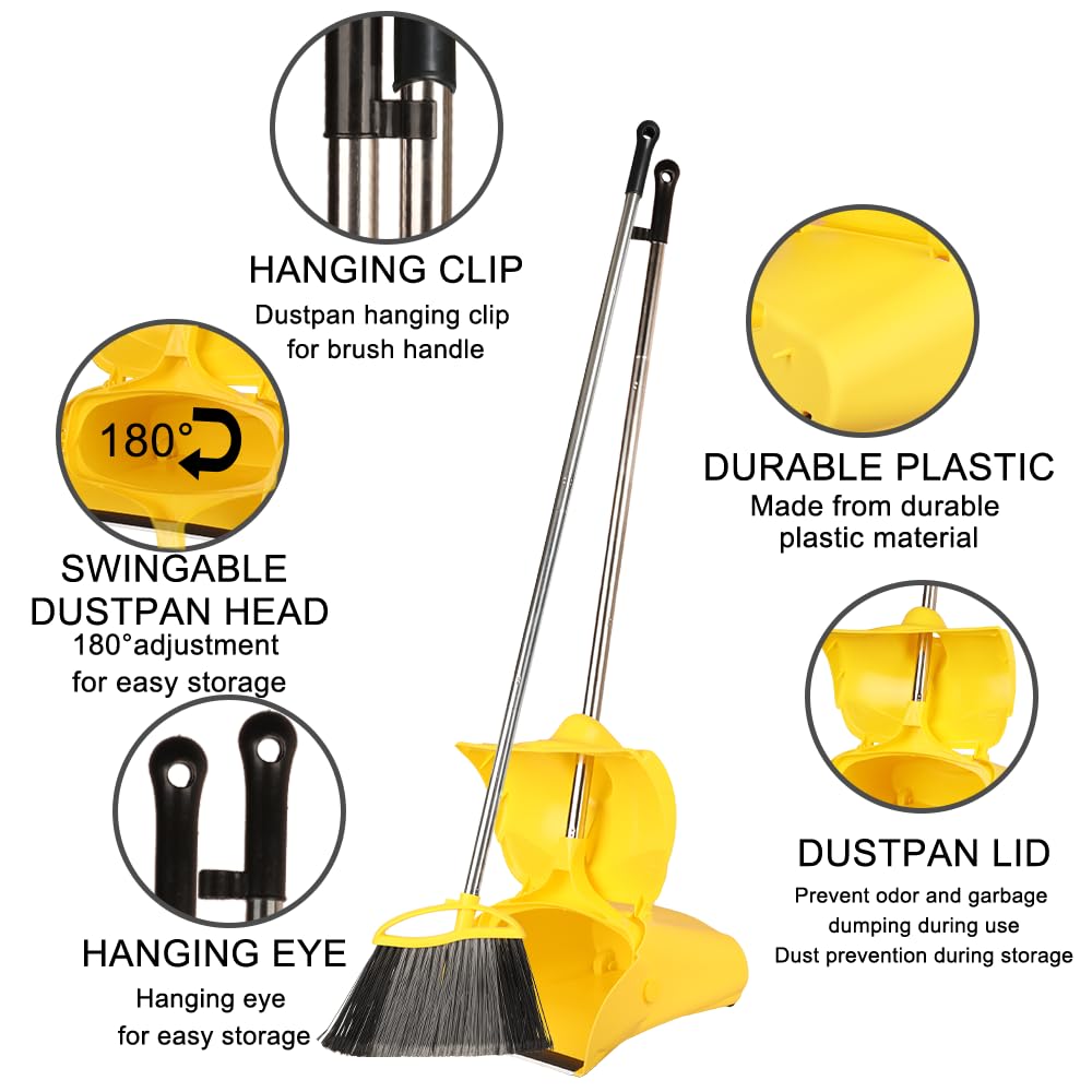 Scopa resistente per esterni e paletta, manico lungo 145 cm, scopa resistente con setole rigide, per la pulizia dei pavimenti, garage, patio, giardino, casa e cucina, paletta e spazzola
