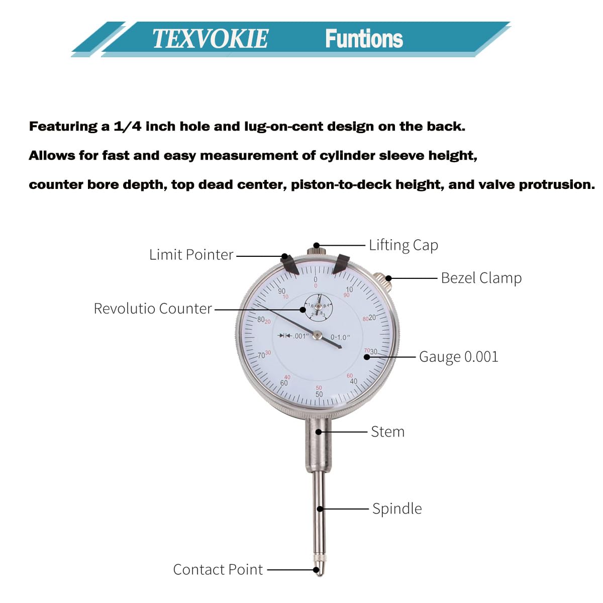 6434 Sleeve Height and Counter Bore Gauge Fits for All Diesel Engines Cylinder Bore Gauge Range 0-1.00", Reading 0-100, Graduation 0.001"