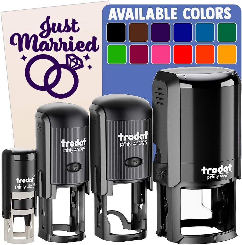 Just Married Wedding Rings Self-Inking Rubber Stamp Ink Stamper for Stamping Crafting Planners - 1-1/2 Inch Large - Black Ink
