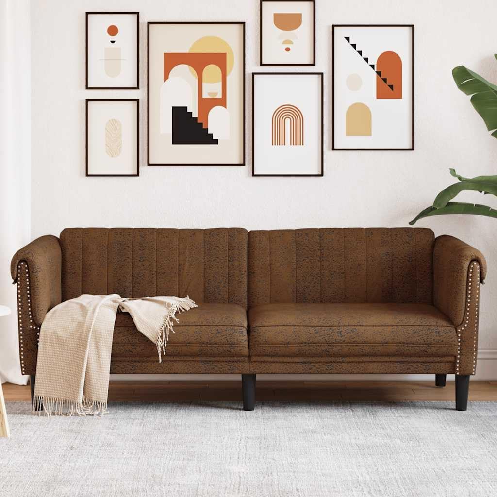 Sofa 3-Seater Brown Faux Suede Leather Living Room Furniture