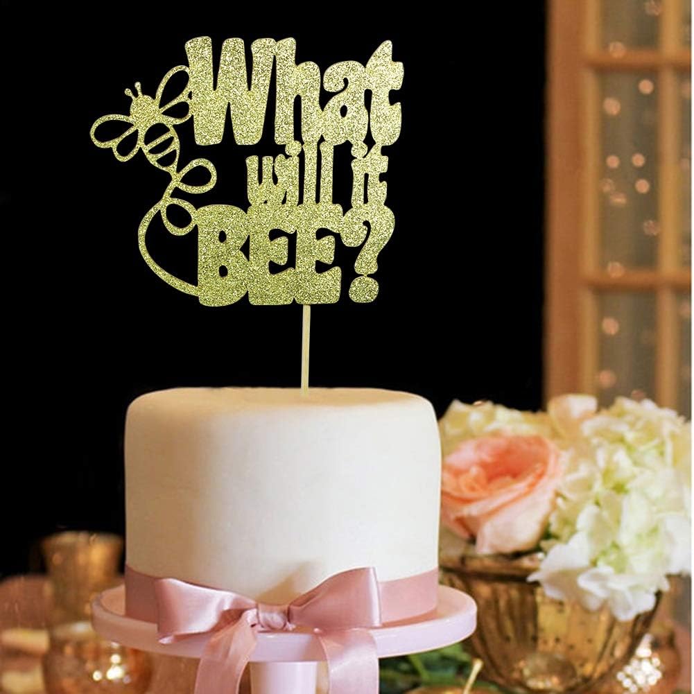 What Will It Bee Gender Reveal Cake Topper, He or She, Baby Shower Party Decorations Gold Glitter