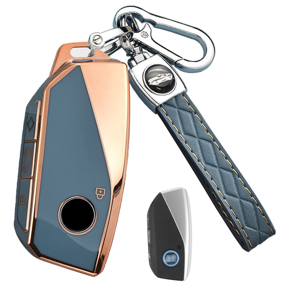 SANRILY Golden-Edge 4 Button Smart Key Fob Cover for BMW I7 M Sport 2023 X7 X1 IX M5 7 Series 735Li 740 Accessorie Keyless Full Coverd Key Case with Leather Keychain Gray-Blue