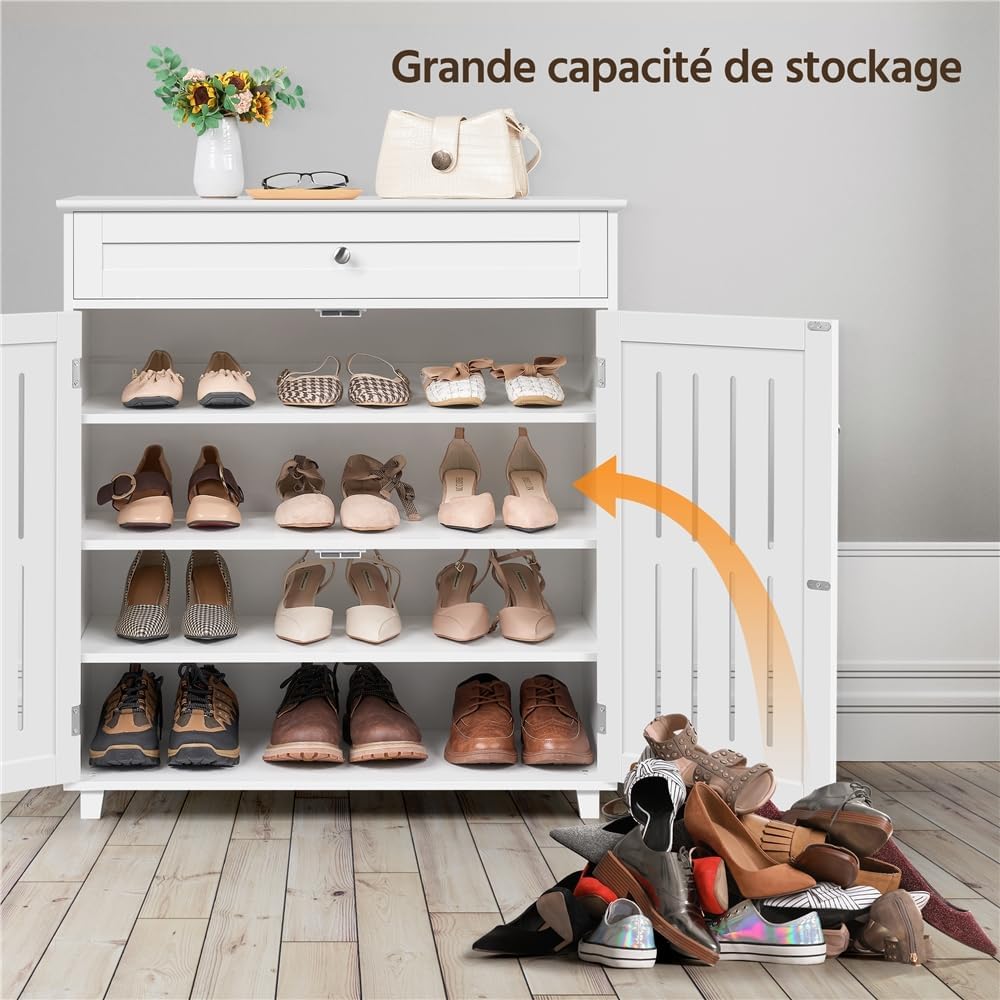 Yaheetech Mueble Zapatero de 2 Puertas Armario de 4 Niveles para Zapatos Mueble Auxiliar con Cajón y Estantes Ajustables para Entrada de Salón 78 x 37 x 86 cm Blanco