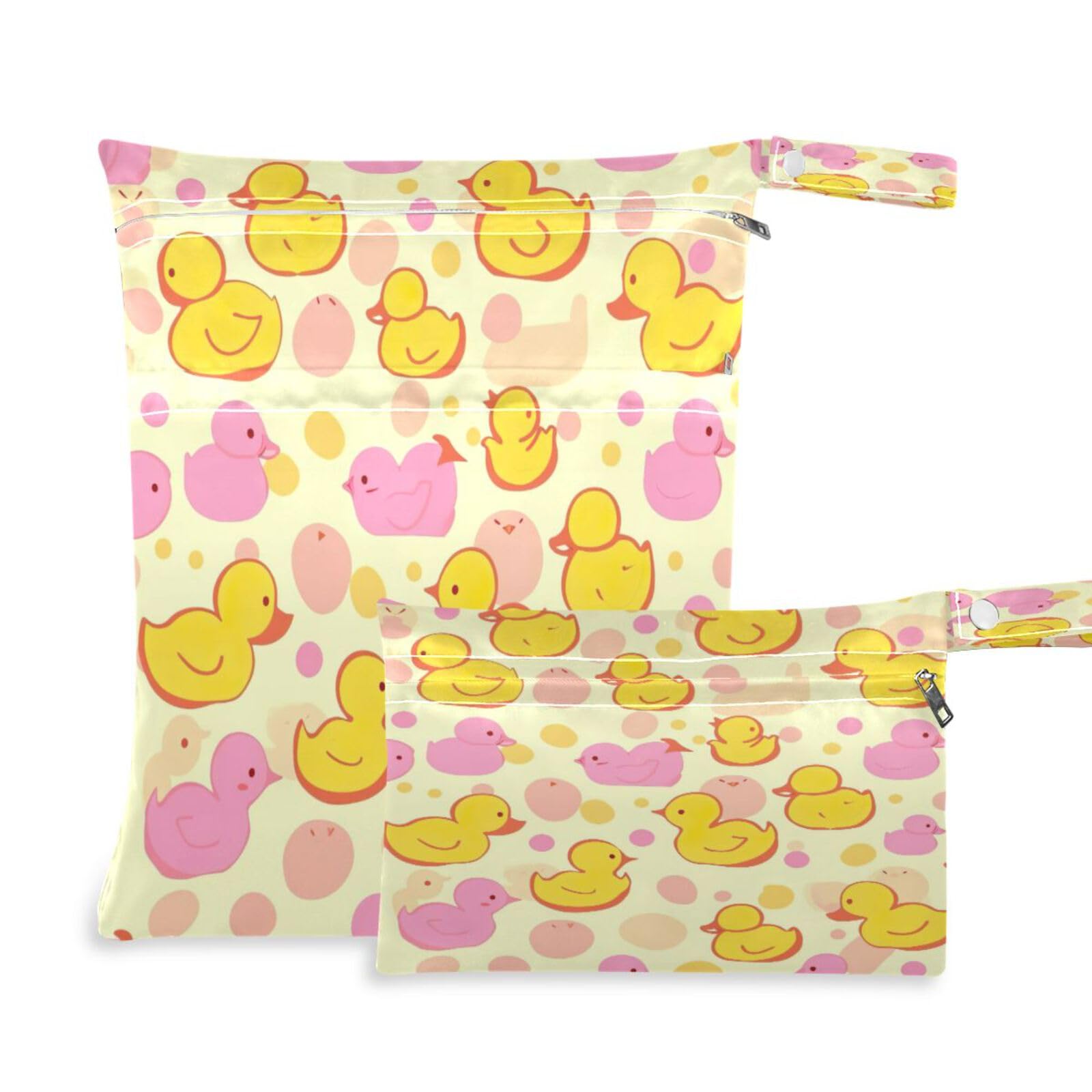 ATTX Yellow Pink Ducks Wet Dry Bags 2-Pack - Reusable Cloth Diaper Storage for Travel, Beach & Gym | Multi-Use Waterproof Bags for Swimsuits, Baby Clothes, Sports Gear#582