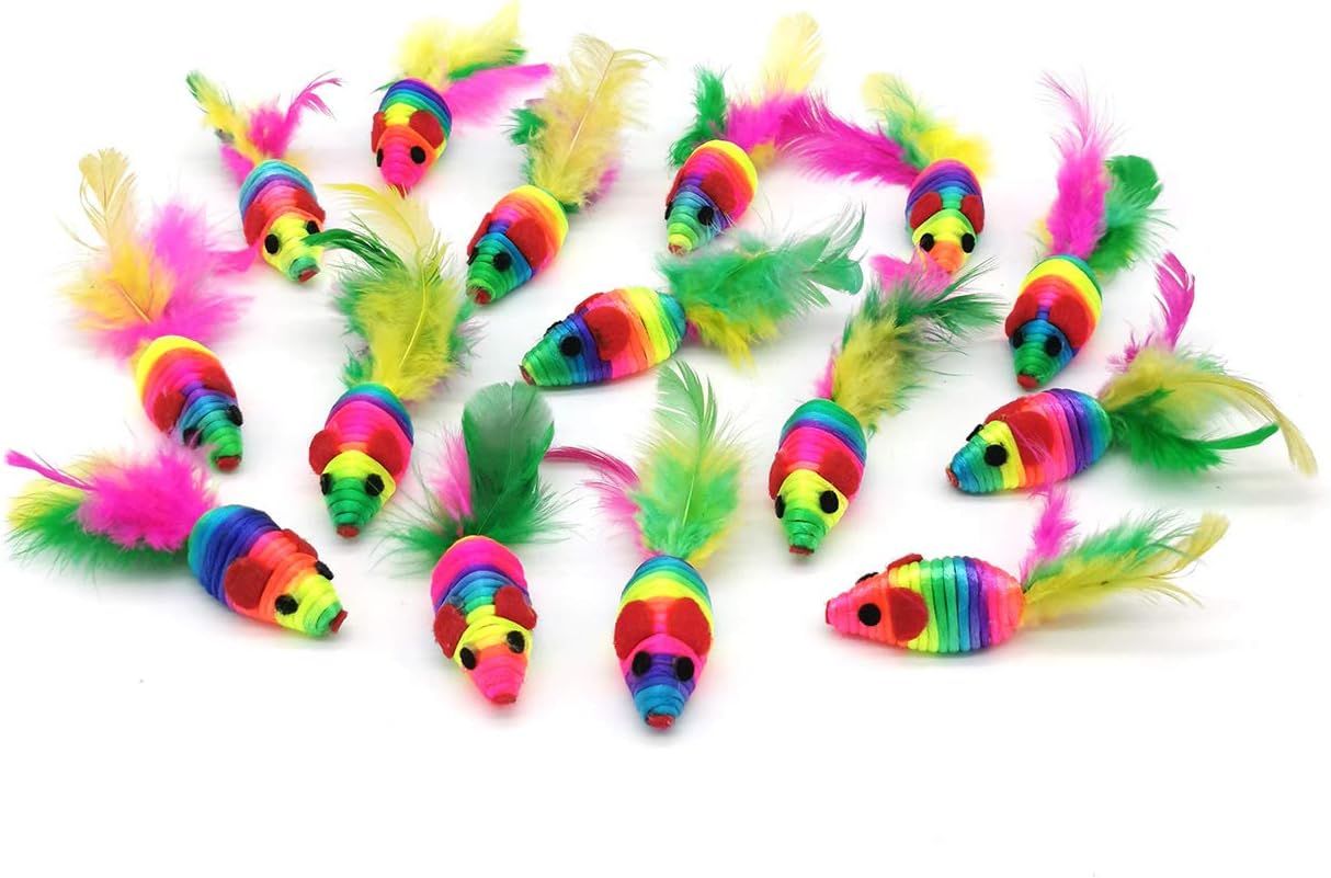 Chiwava 24PCS 5" Rattle Cat Toys Mice with Feather Rainbow Rope Mouse Kitten Interactive Toy Assorted Color : Pet Supplies