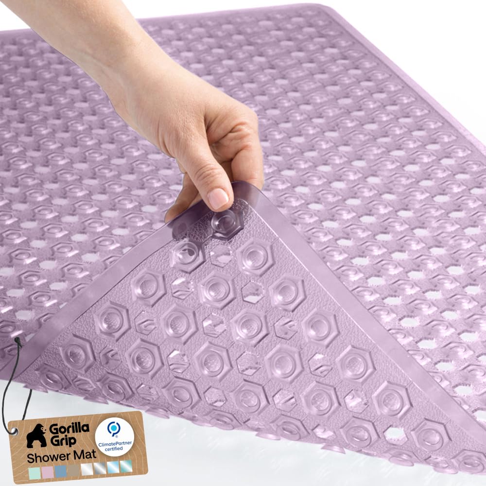 GORILLA GRIP Patented Bath Tub Shower Mat, Machine Washable Bathtub Floor Liner Mats, Suction Cups and Drain Holes to Keep Tubs Clean, Soft on Feet, Bathroom Essentials, 35x16 Inch, Clear Purple