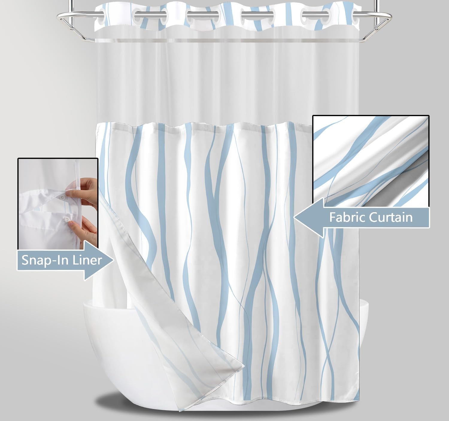 No Hook Shower Curtain with Snap in Liner Set, Sky Blue and White Striped Design, Waterproof Fabric Hotel Shower Curtains for Bathroom Decor with See Through Mesh Top Window 71x74 Inch