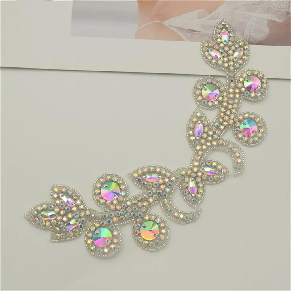Generic 2Pcs Handmade Crystal Rhinestone Applique Iron On Shoulder Trim for Wedding Dress DIY Accessories, 1 Silver C