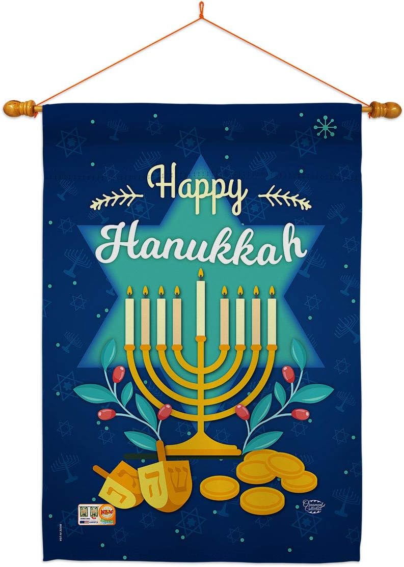 Happy Hanukkah House Flag Dowel Set Wintertime Candle Bonsai Menorah Jewish Chanukah David Small Decorative Gift Yard Banner Made In USA 28 X 40