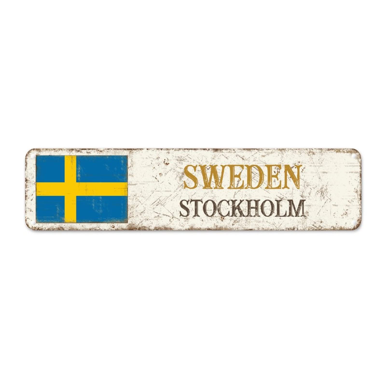 Cowkisssign Sweden Country Souvenir Metal Tin Sign Wall Plaque City Souvenir Stockholm Metal Wall Sign National Flag Vintage Home Decorative Signs Quality Sign For Living Room Front Porch 12X3in