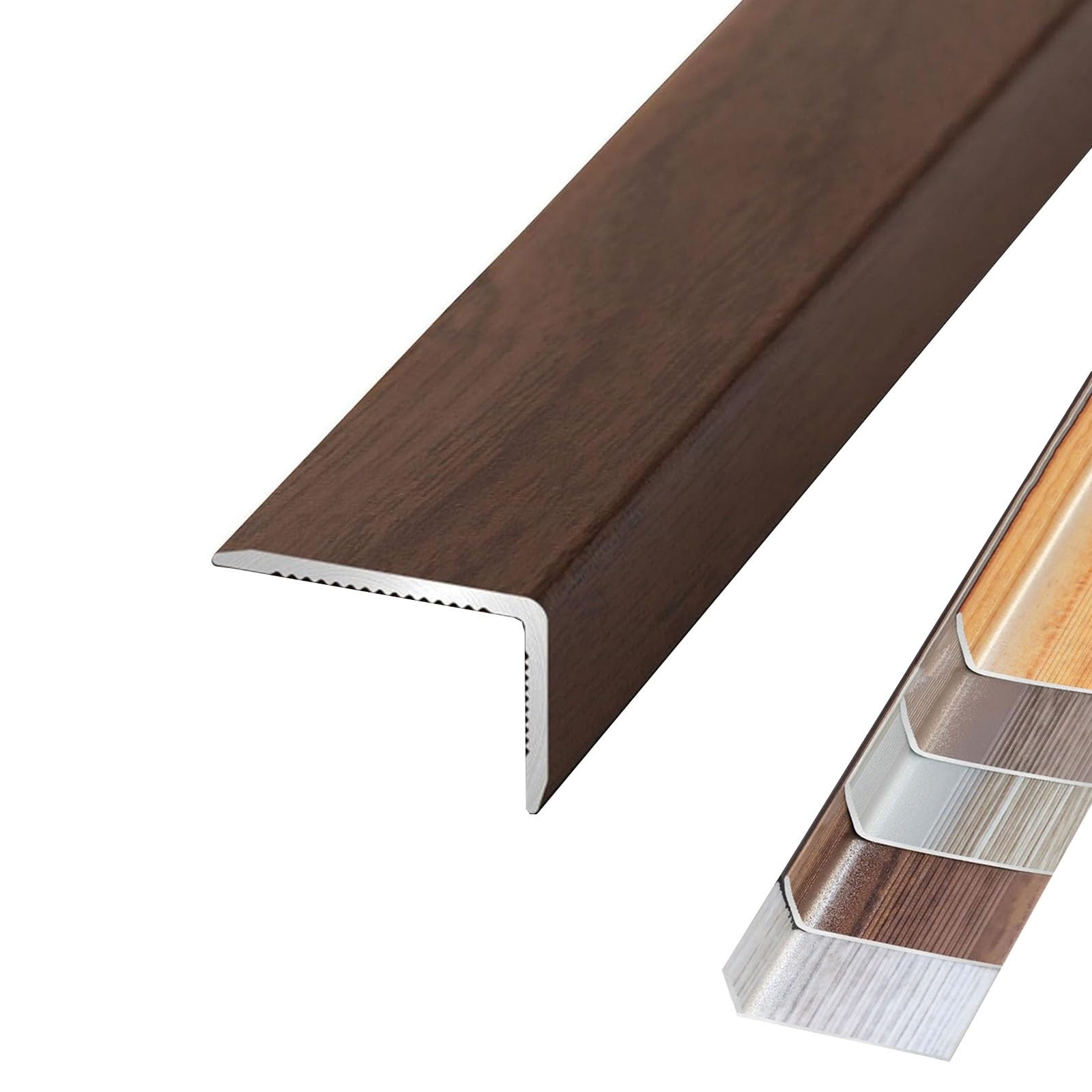Aluminum Floor Transition Strip - Heavy Duty L-Shaped Stair Nosing Edge Trim, Non-Slip Step Edge Protector, Corner Guard Moldings for Tile, Wood, Laminate Floors(Walnut,L900xW15xH8mm)