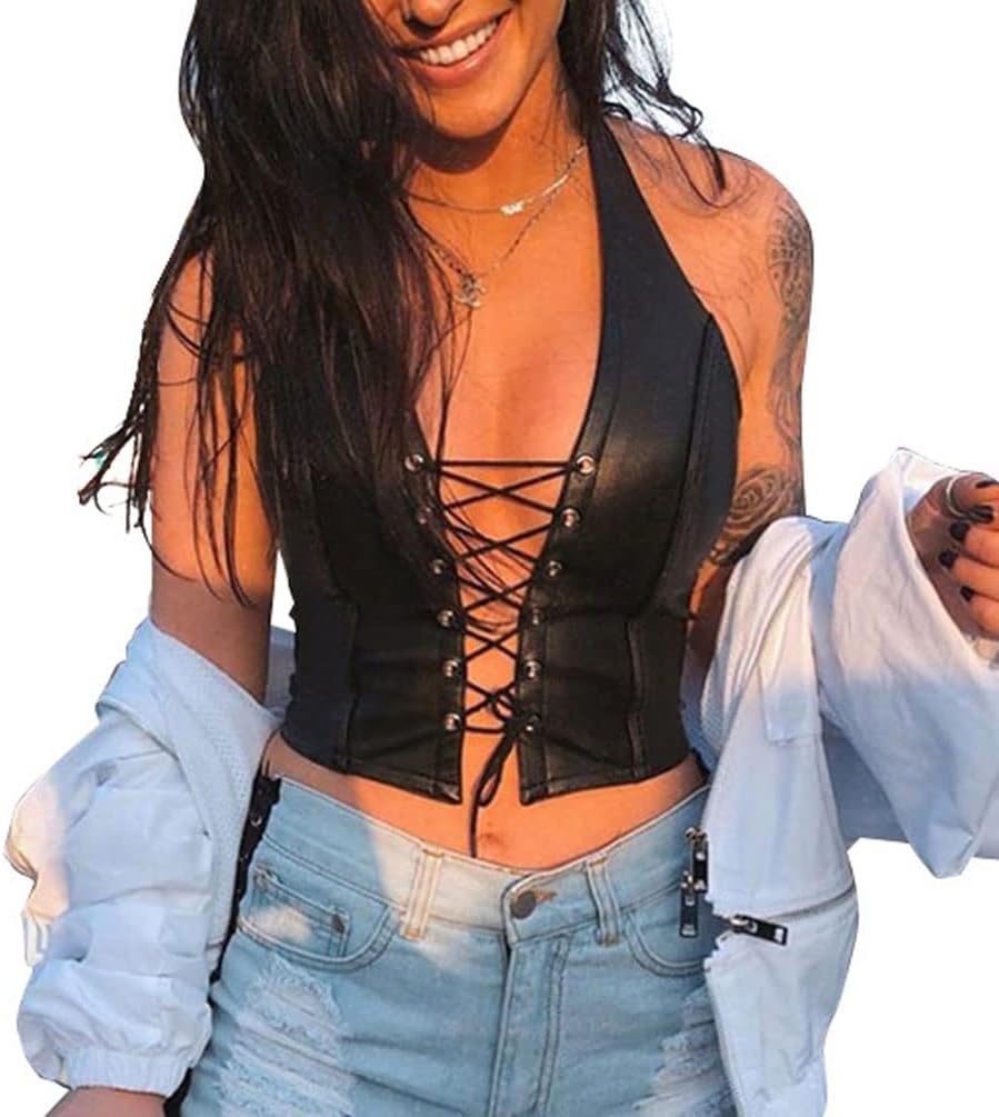 Women Sexy Corset Tops, Adjustable Spaghetti Straps PU Leather Bustier Crop Top Rave Outfit Party Club Night Black