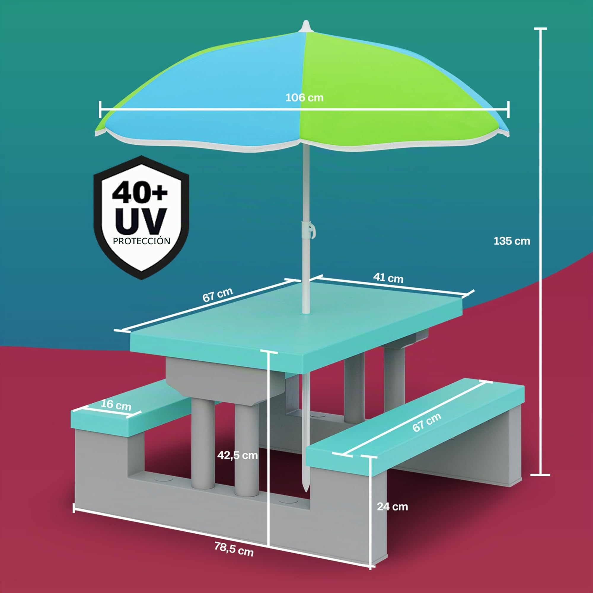 Spielwerk® Juego Mesa y Bancos Infantil Sombrilla Protección UV 4 Niños Intemperie Set Picnic Jardín