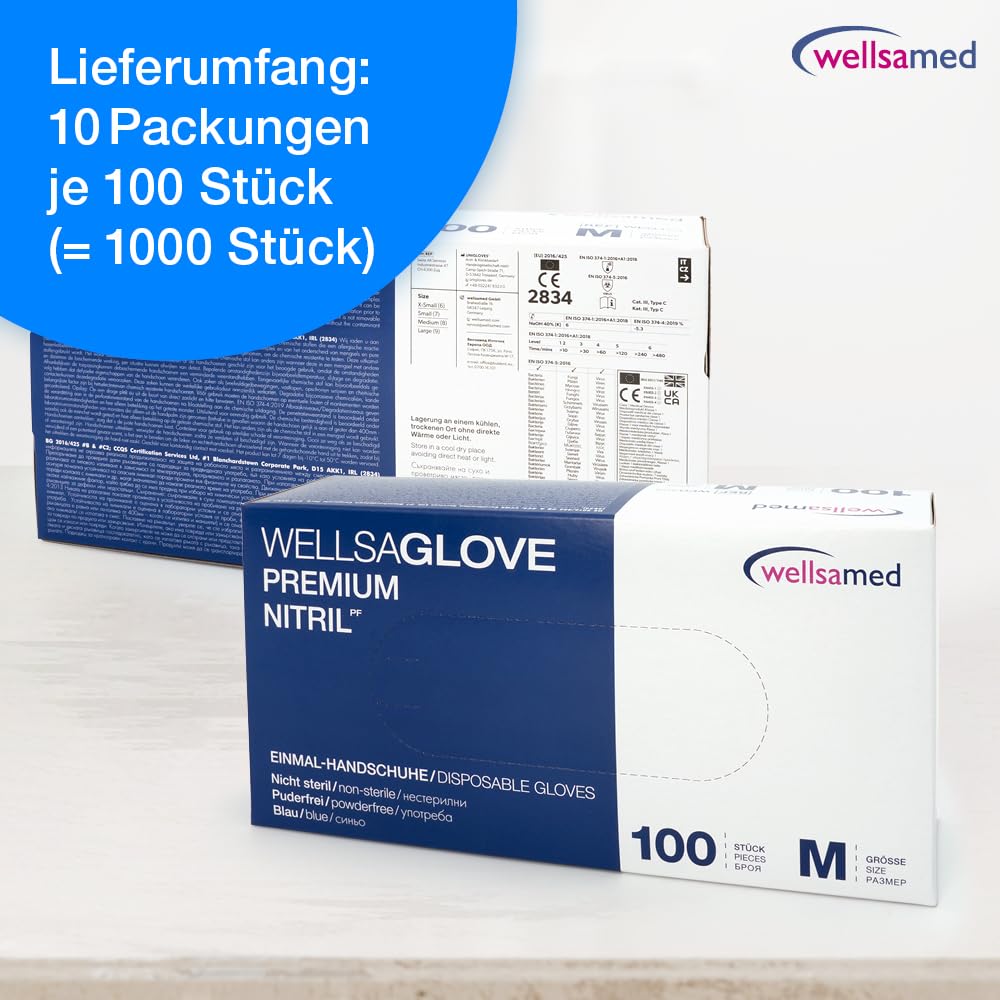 Wellsamed Wellsaglove Premium Nitrilhandschuhe, Blau, Größe M, Puderfrei, Latexfrei, Einweg, 1000 Stück (10x100)