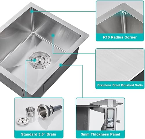Miniatura 12 de Fregadero de cocina de montaje inferior de 20 x 16 pulgadas, acero inoxidable 304 de un solo tazón, fregadero de cocina pequeño, montaje inferior