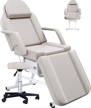 Facial Chair Tattoo Chair for Client, Facial Bed Esthetician Adjustable Massage Table with Headrest & 360 Rolling Stool, Lash Bed for Salon Spa Barber Massage Equipment, Light Gray