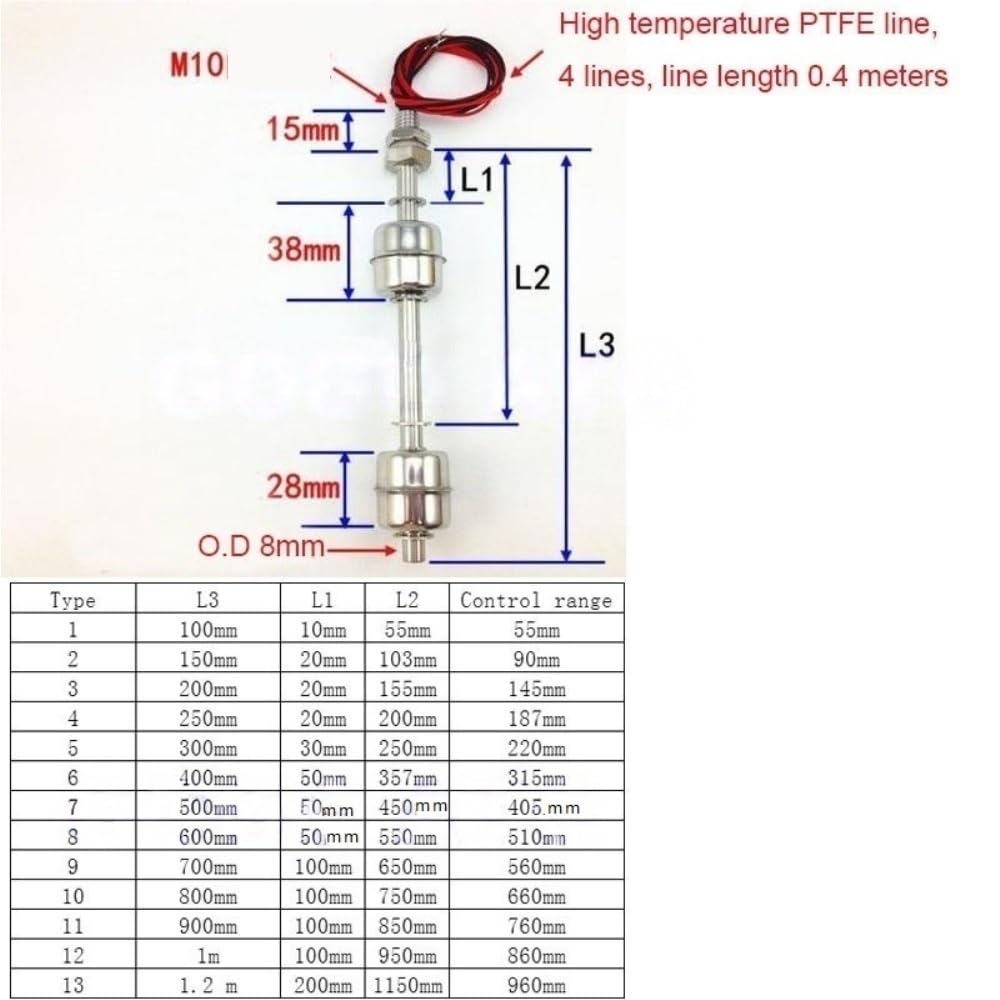Interruptor de flotador de acero inoxidable 304 de doble bola, 240 V CA/200 V CC, M10, controlador de nivel de agua no ajustable, 1 pieza(900MM)