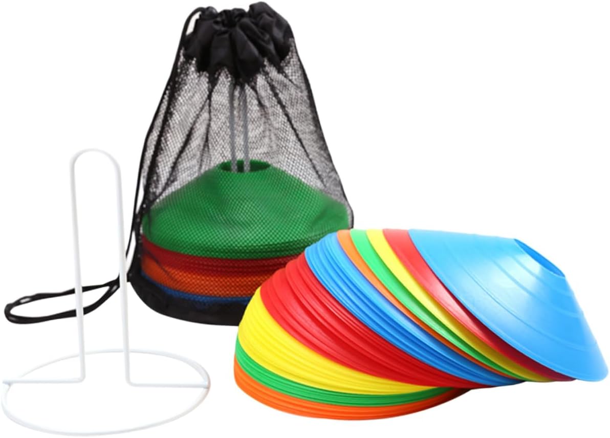 SOLUSTRE Soccer Training Cones and Plastic Soccer Disc Markers Set with Metal Stand and Mesh Bag, 50pcs Multi-Color Football Practice Cones for Agility Drills and Field Marking