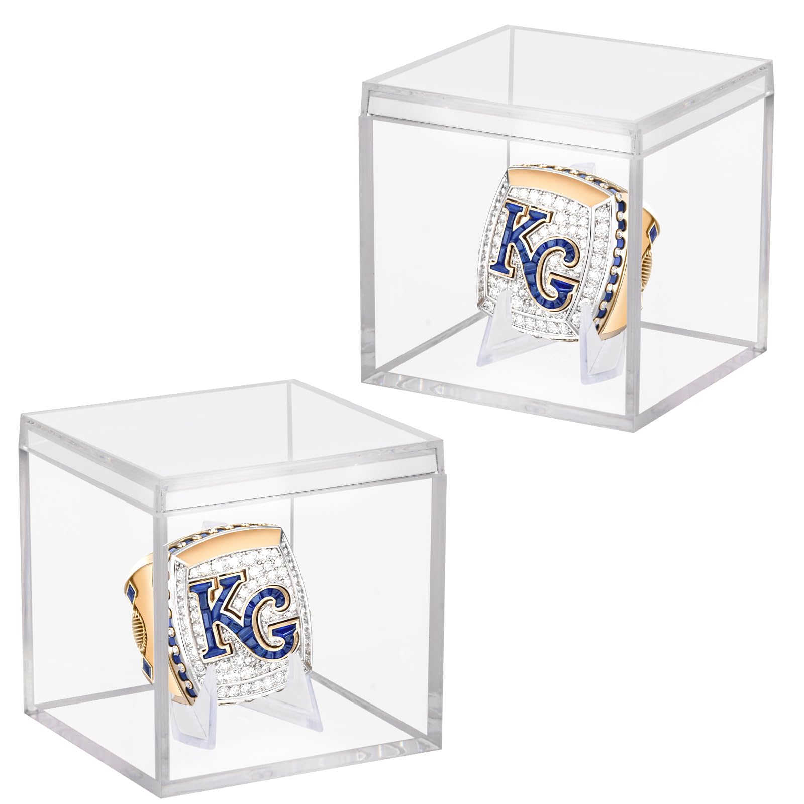 Photo 1 of 2 Pack Championship Ring Display Case Clear Acrylic Ring Case Display Box for Sports Baseball Softball Football Basketball Single Ring Coin Holder Stand, 2.16 Inch