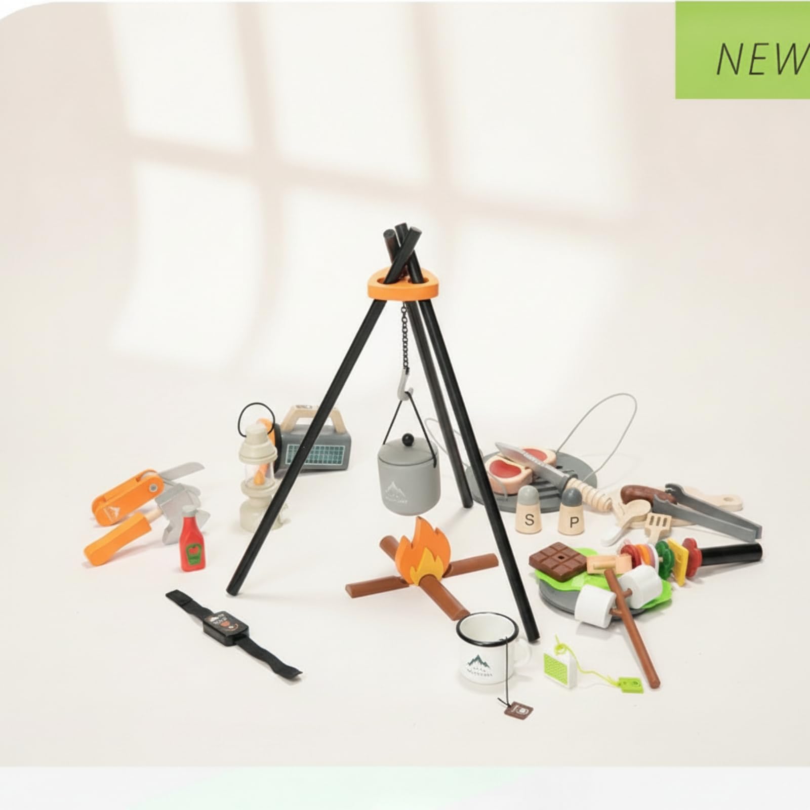 Set Barbecue in Legno Realistico Barbecue Giocattolo Educativo Pentola con Treppiede per Bambini, Cameretta, Asilo
