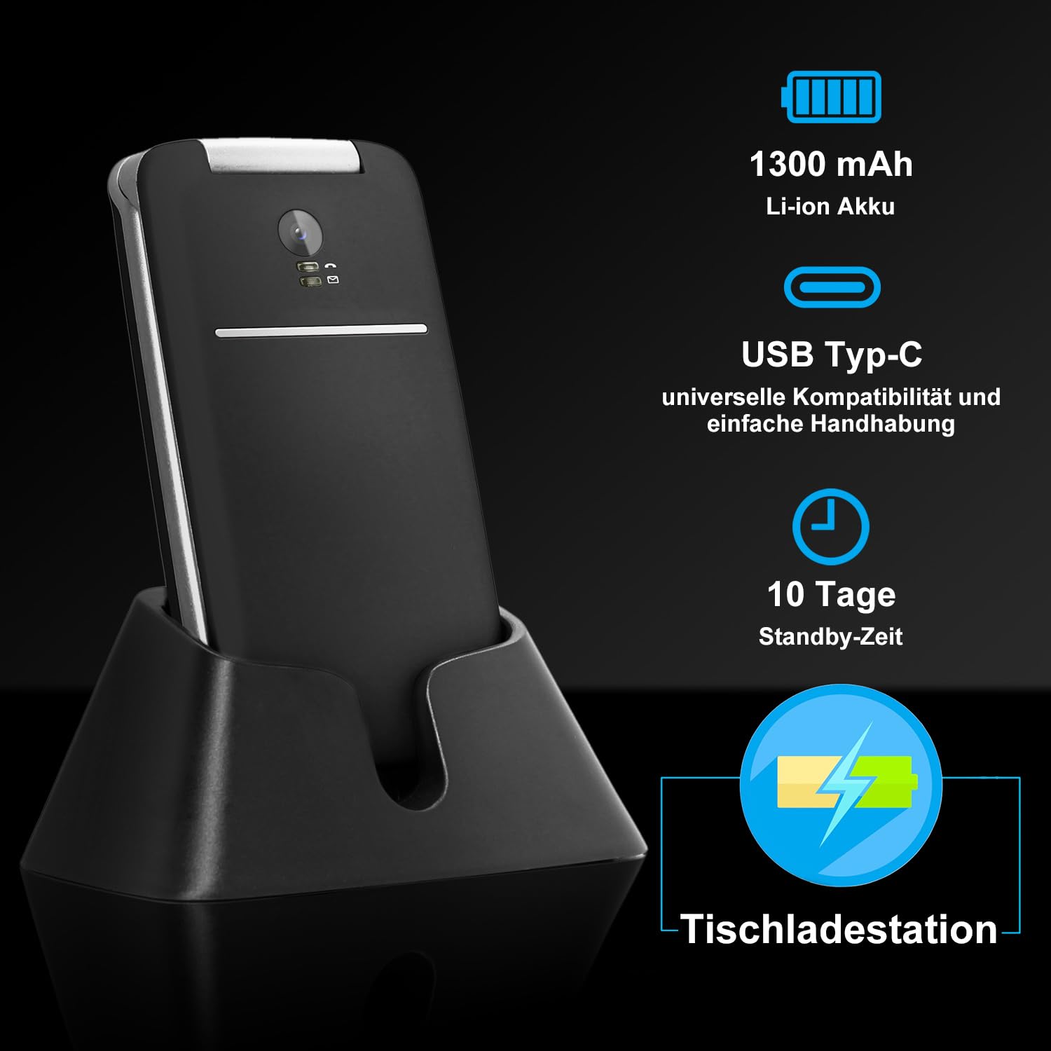 artfone G3 4G VoLTE Teléfono móvil de Tapa para Mayores丨Botones y Teclas Grandes丨Teléfono móvil para Ancianos de Pantalla 2,4" 丨Base de Carga丨Botón SOS丨Bateria 1300mAh丨Radio FM丨Bluetooth丨USB-C - Negro
