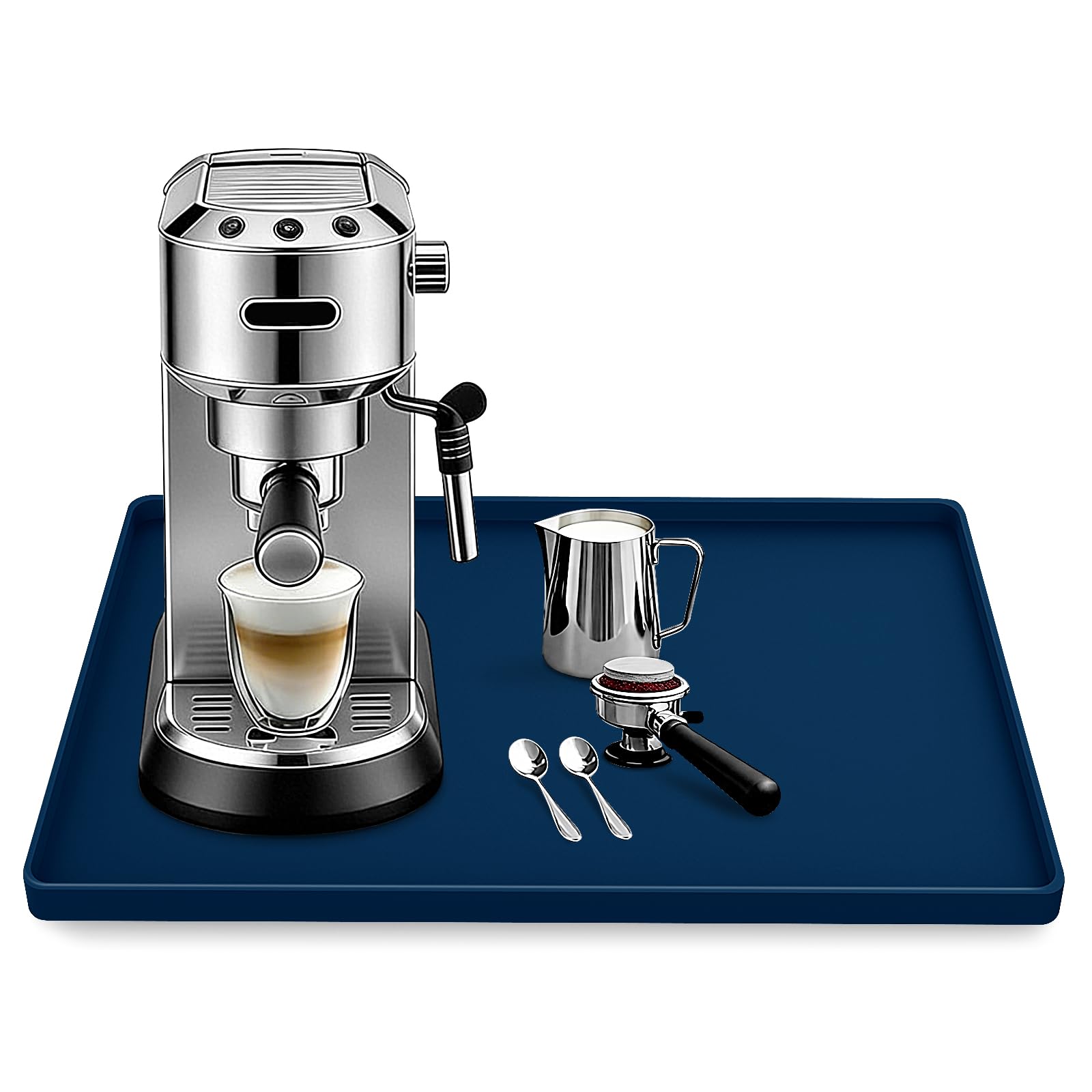 Silicone Coffee Maker Mat with Lip for Countertops, 15.7''x11.8'' Navy Blue