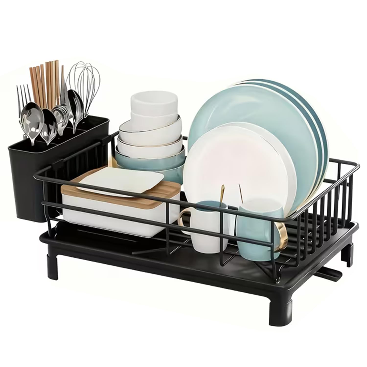 Atek Black Dish Drainer Rack – Space Saving Dish Drainer, Dish Racks For Kitchen Counter Stainless Steel Kitchen Drying Rack With Cutlery Holder Large (Black)