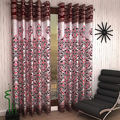 Image of Home Sizzler Shalimar Frill Panel Damask 2 Piece Eyelet Polyester Window Curtain Set - 5ft, Maroon