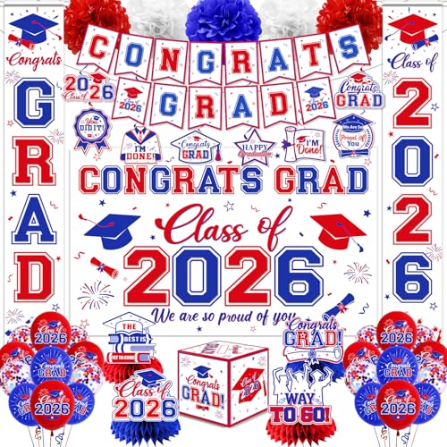 Graduation Decorations 2026 Set Red and Blue - Graduation Party Supplies with Congrats Grad Banner Backdrop Balloons Hanging Swirls Honeycomb Centerpieces for Grad Party Decorations