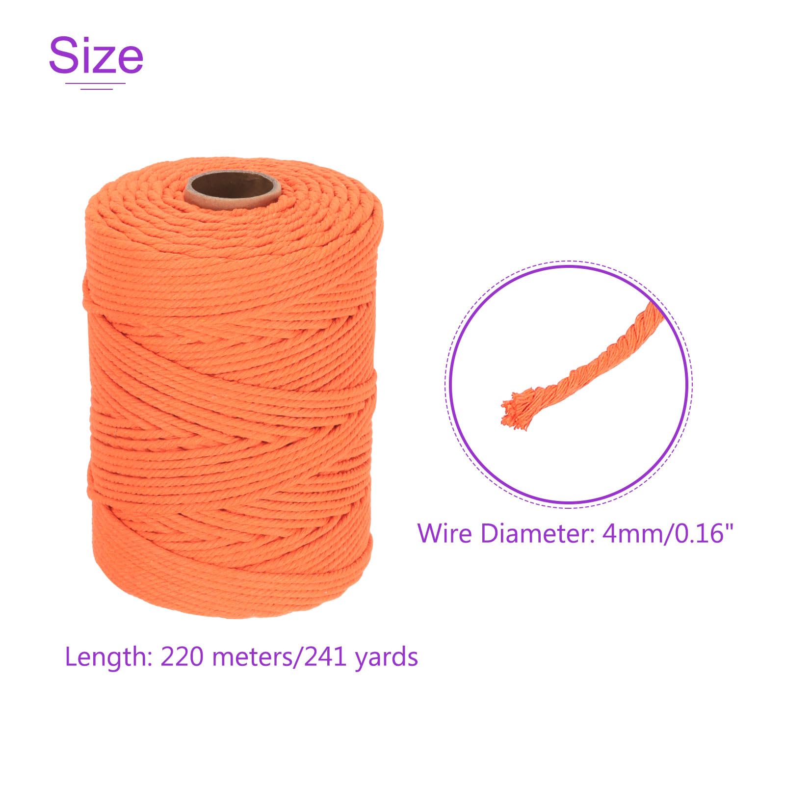 DMiotech Cuerda de Macramé de Algodón Natural Naranja de 4mm x 241 Yardas, Hecha a Mano para Colgar en la Pared, Hebra Única de Macramé Trenzada de Algodón para Colgadores de Plantas