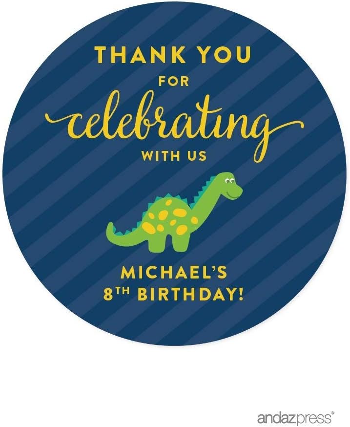 Andaz Press Personalized Birthday Round Circle Labels Stickers, Thank You for Celebrating with Us, Dinosaur, 40-Pack, for Gifts and Party Favors, Custom Name