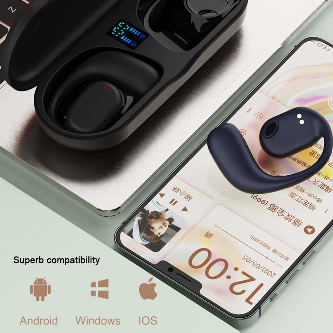 Wiszące ucho przewodnictwa kostnego Bluetooth 5.1, otwarte wodoodporne IPX5 słuchawki z redukcją szumów, odpowiednie do uprawiania sportu i biegania